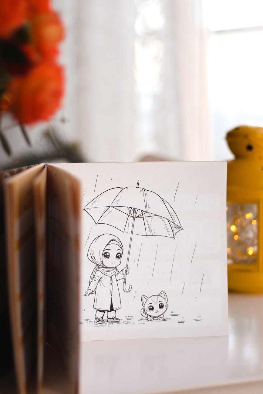 close up of an illustration in a book standing on a table